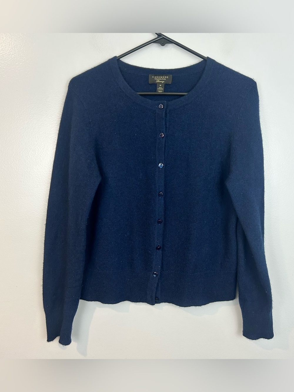 100% Chasmere Charter Club Dark Blue Button Front Cardigan Sweater Size Medium